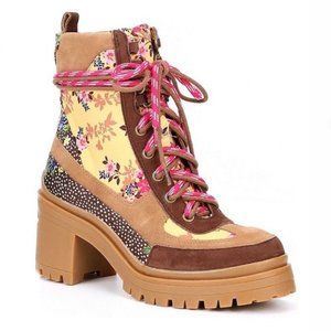 Gianni Bini Floral Combat Boots - Yellow and Brown